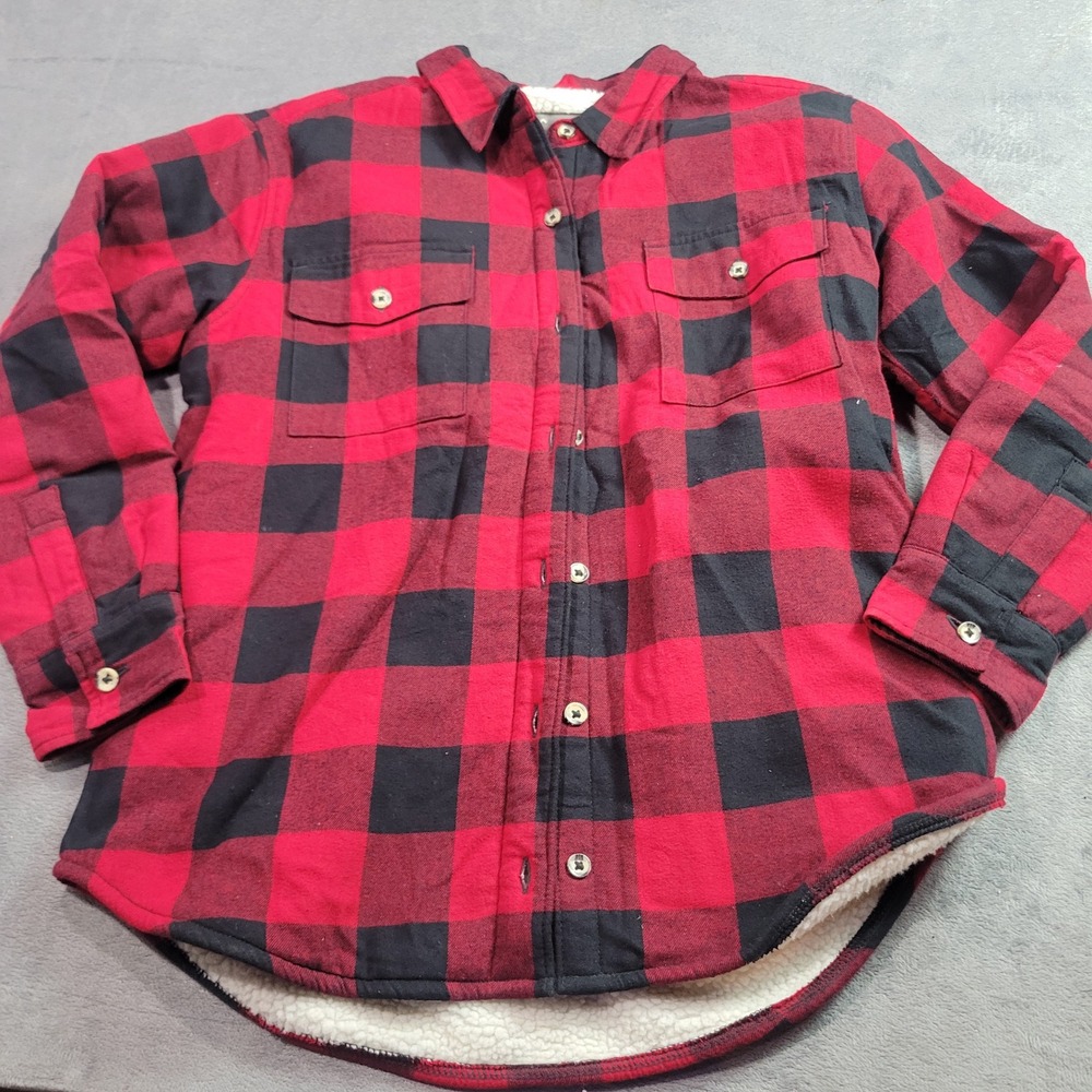 Natural Reflections Womens Red Black Buffalo Plaid Sherpa Lined Shirt Jacket S
